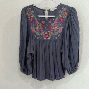 Anthropologie Blue Blouse with Floral Embroidery